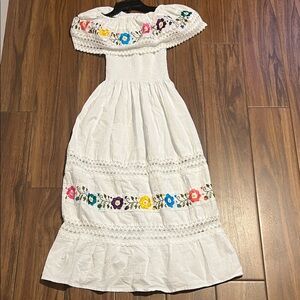 White Off-Shoulder Dress with Floral Embroidery